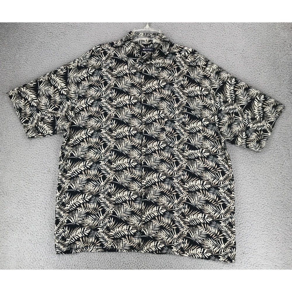 Puritan Hawaiian Camp Shirt Men Size L Short Sleeve Button Up Fern Leaf on Black